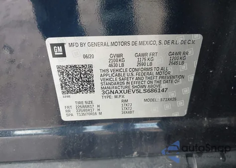 2020 Chevrolet Equinox Awd Lt 1.5L Turbo из США, поврежденный, VIN 3GNAXUEV5LS686147